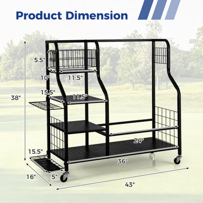 Golf Bag Organizer for 2 Golf Bags with Golf Clubs Rack and Lockable Wheels